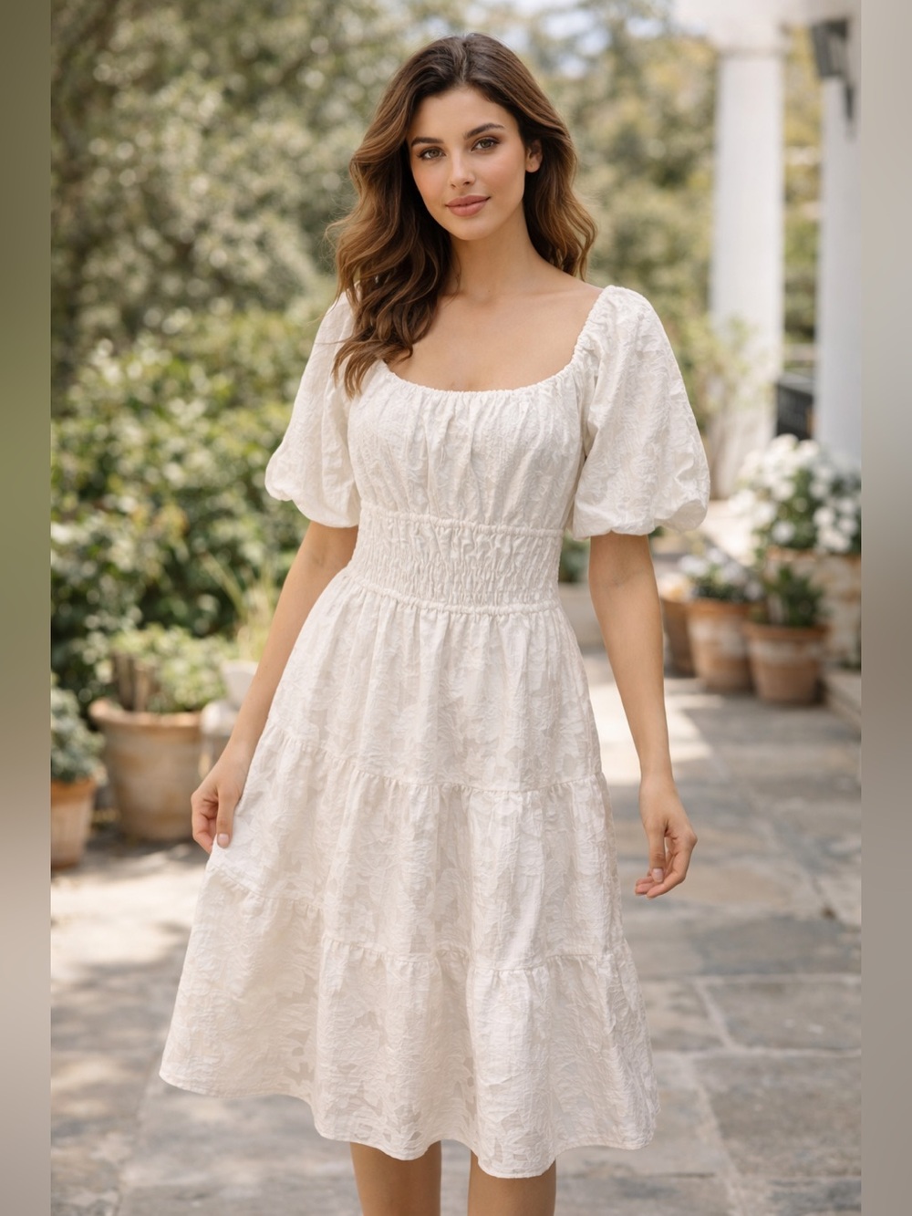 Pinch Puff Sleeve Tiered Midi Dress Sz L Textured White Lined Floral Bridal Tea